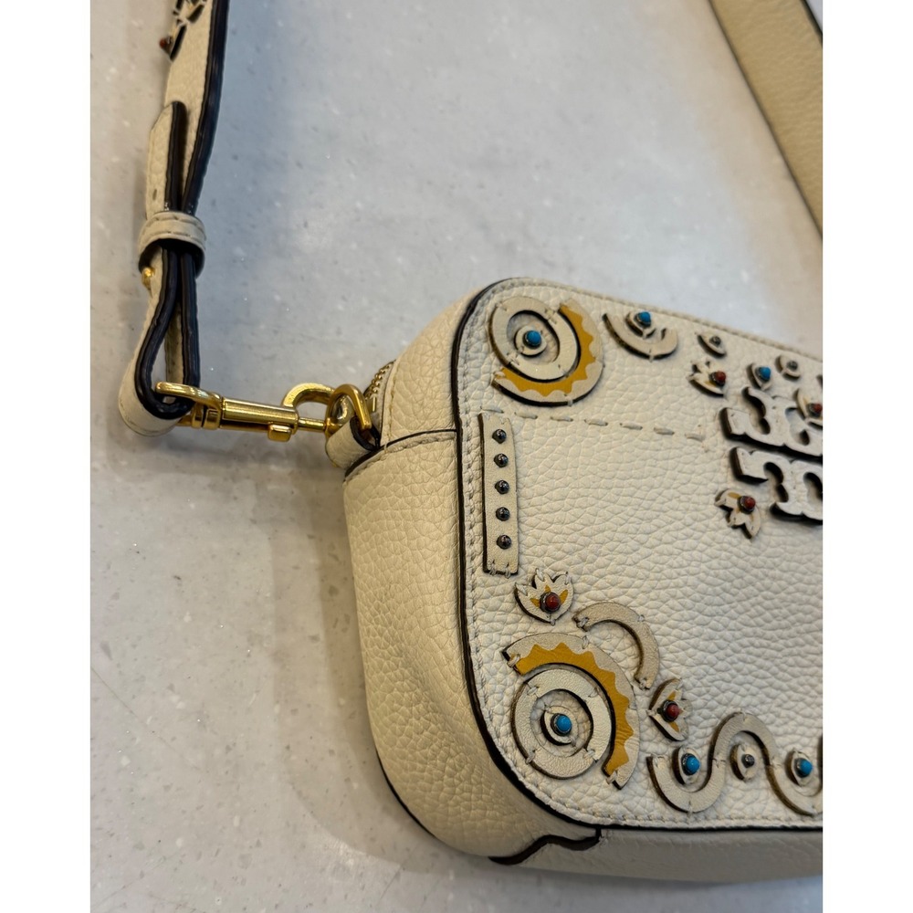 Tory Burch McGraw Mixed Materials Camera Bag White Leather Crossbody Tassels - Picture 5 of 13
